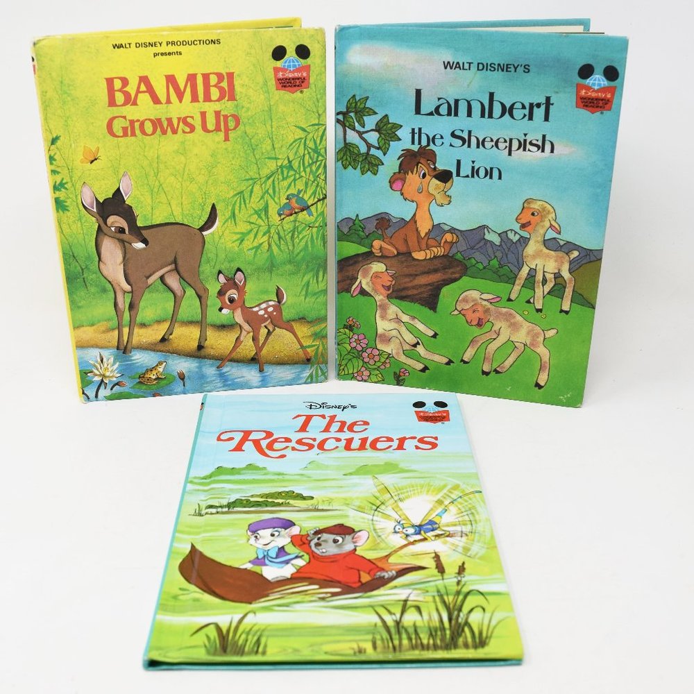 Lot Disney Books Rescuers Lambert Sheepish Lion Bambi Grows Up Hardcover VTG 70s